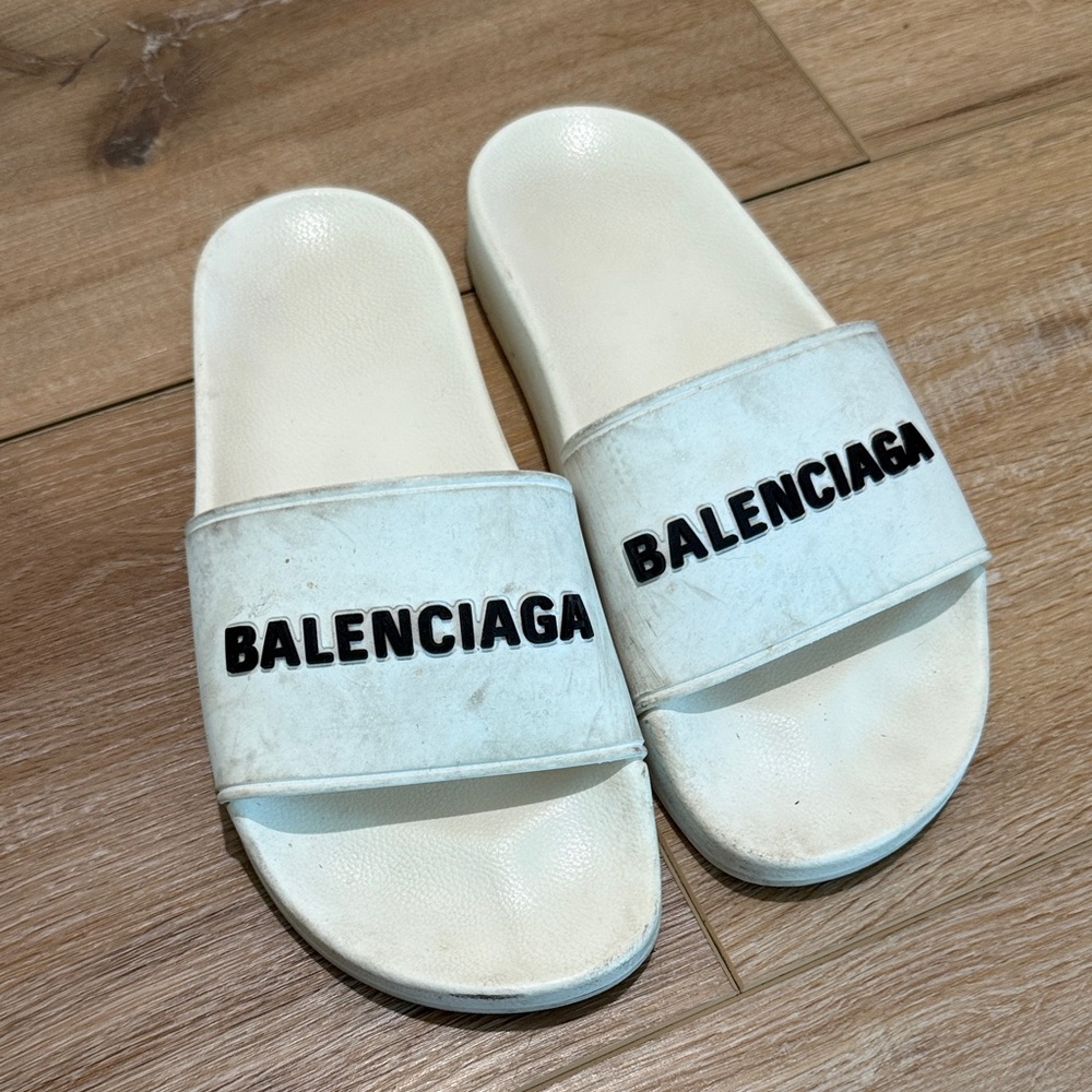 Women's Balenciaga Cream Slides with Black Logo